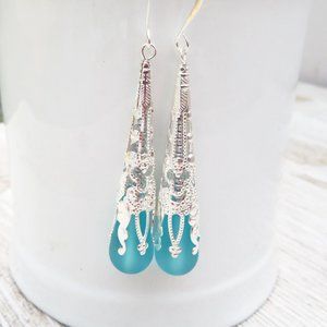 Light Aqua blue green sea glass earrings - Long Vintage Style